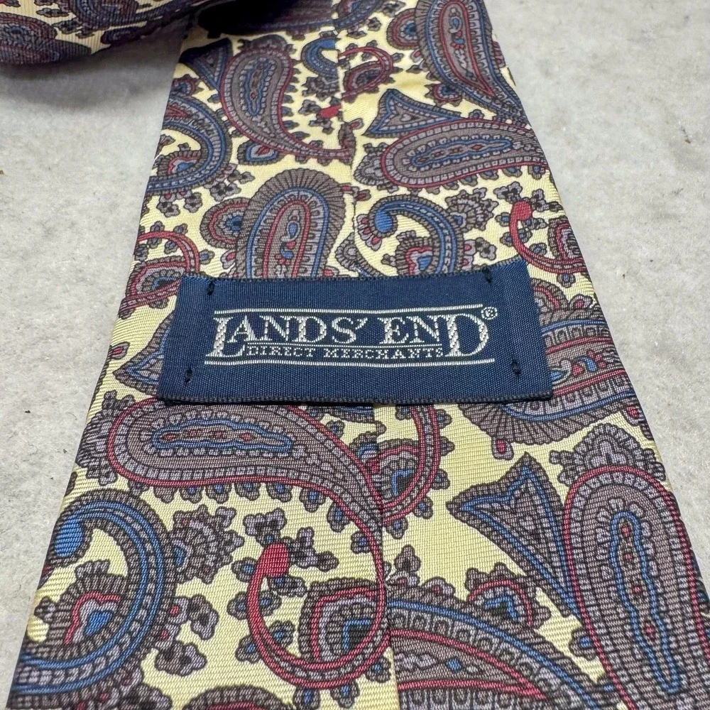 Lands End Tie Mens Silk Paisley Necktie Yellow‎ Blue Red Made in USA Classic